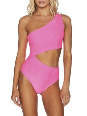 Beach Riot Celine One Piece Swimsuit Neon Pink Ribbed Cut Out Asymmetrical Large